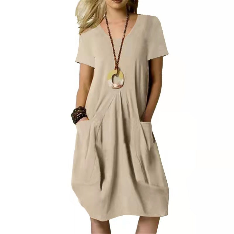 V-Neck Short Sleeve Pocket Loose Cocoon Midi Dress 9
