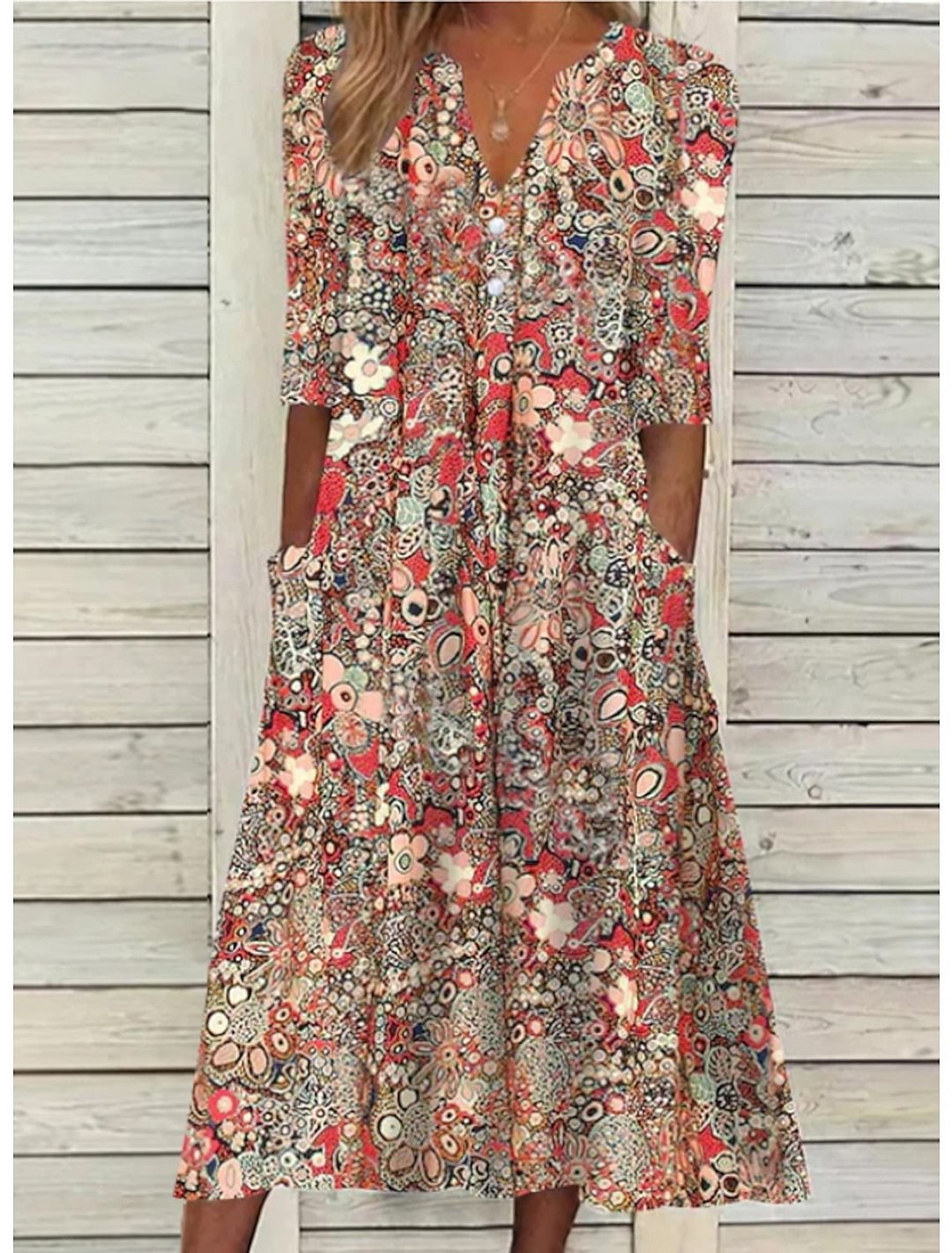 Bohemian Floral Print Deep V-Neck Button Placket Pocket Dress - View 6