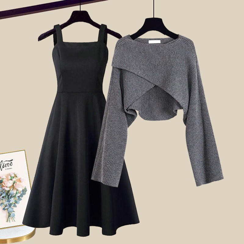 Square Neck A-Line Dress and Cross Front Cropped Sweater Two Piece Set