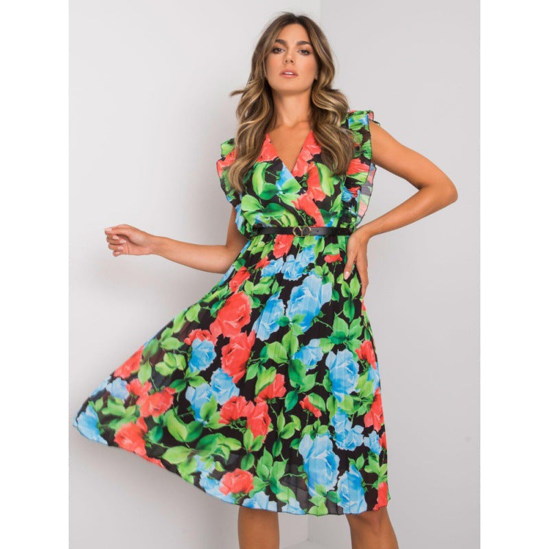 Floral V-Neck Flutter Sleeve Belted Pleated Midi Dress - View 3