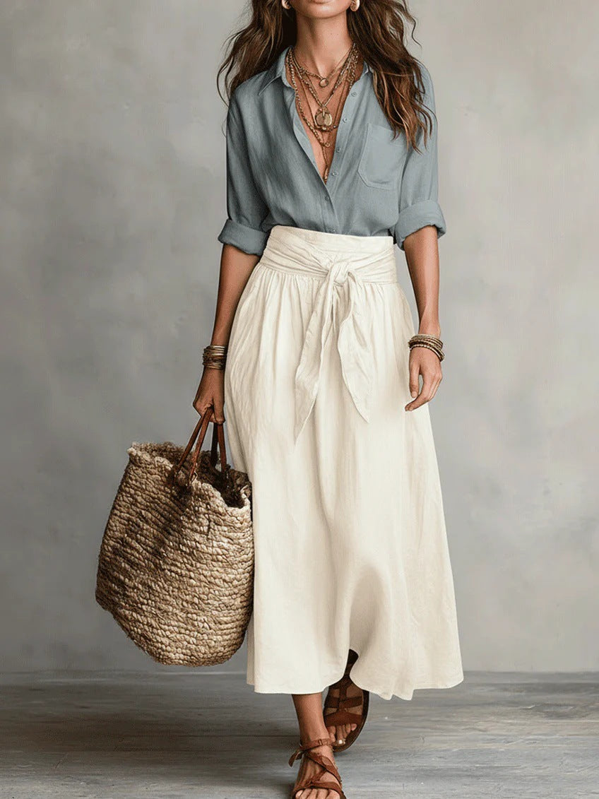 Button Front Shirt and Tie Waist Maxi Skirt Two Piece Set 9