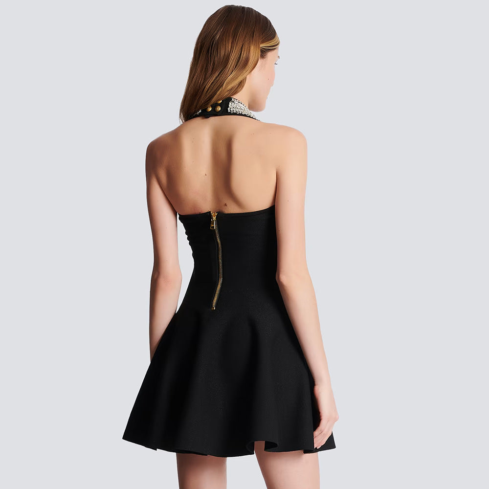 Rhinestone Halter Neck Sweetheart A-Line Mini Cocktail Dress - View 4