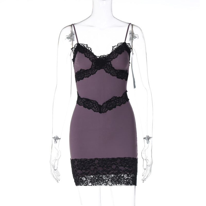V Neck Stitching Lace Edge Spaghetti Straps Corset Hip Dress - View 5