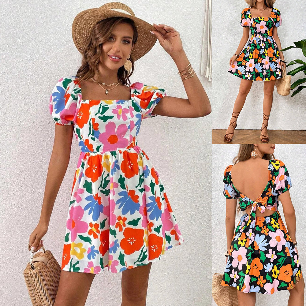 Floral Print Square Neck Puff Sleeve Tie Back Open Back Mini Dress