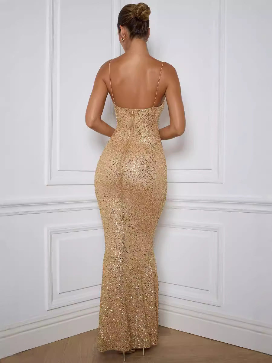 Sequin Spaghetti Strap Mermaid Bodycon Formal Maxi Gown - View 5