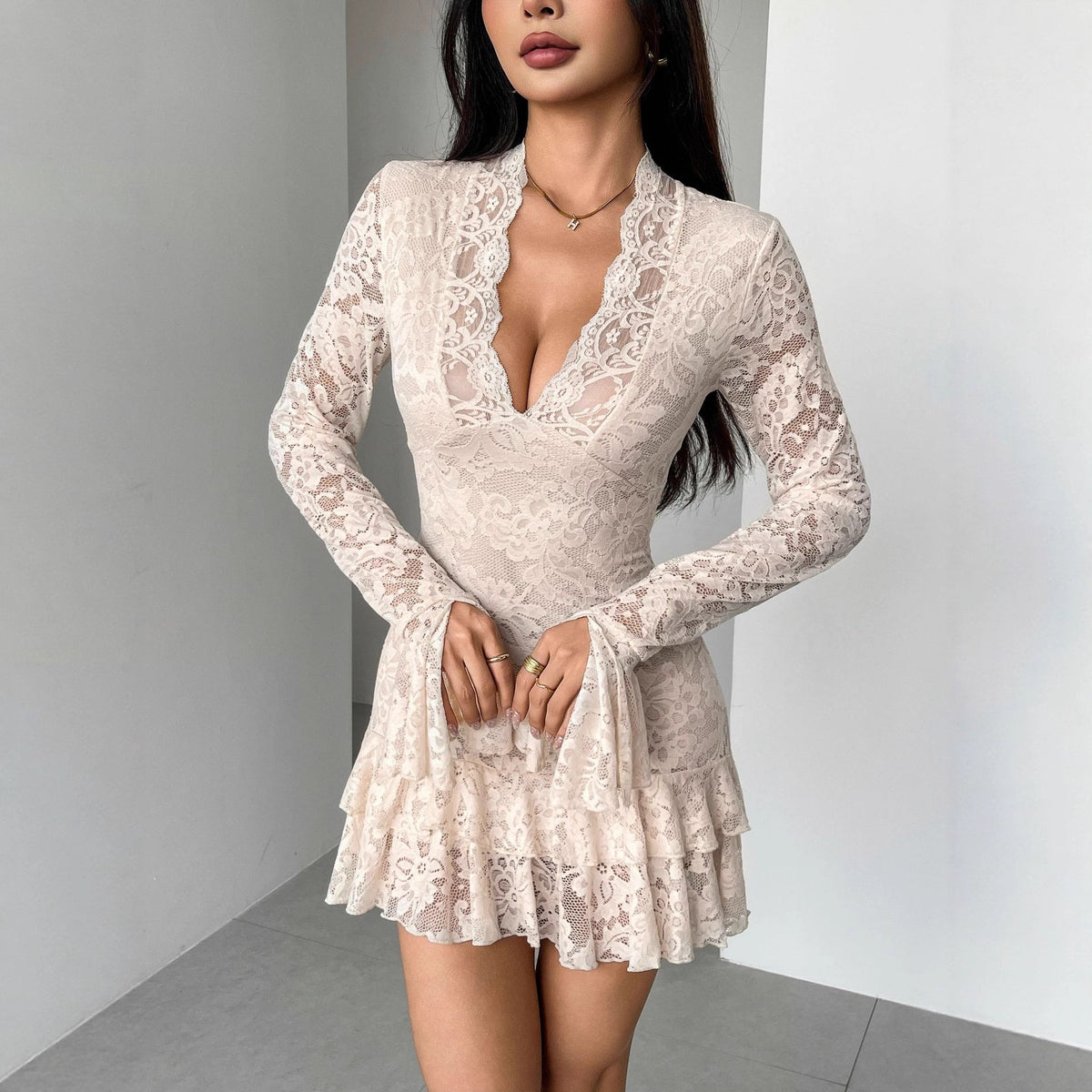 Autumn Winter Lace V neck Double Layer Ruffled Slim Fit Sheath Dress - View 4