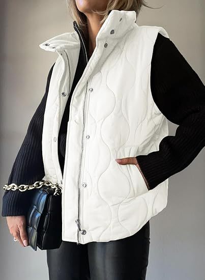 Stand Collar Zip Snap Front Quilted Puffer Vest 5