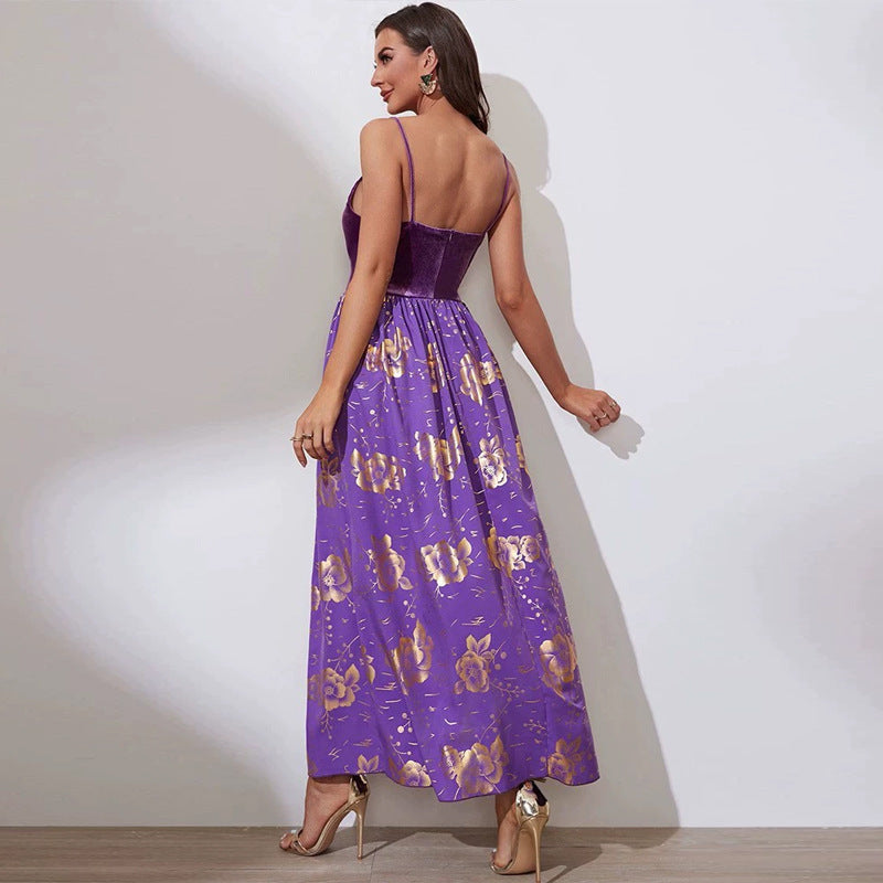 Velvet Spaghetti Strap Mesh Plunge Floral Print A-Line Maxi Dress - View 4