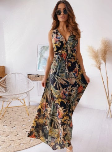 Tropical Print Deep V-Neck Sleeveless Elastic Waist A-Line Maxi Dress - View 7