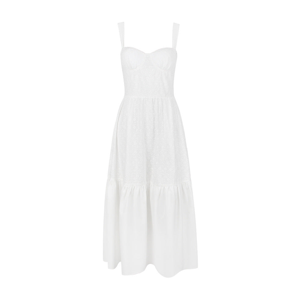 Eyelet Bustier Square Neck Wide Strap Tiered Ruffle Midi Dress - View 5