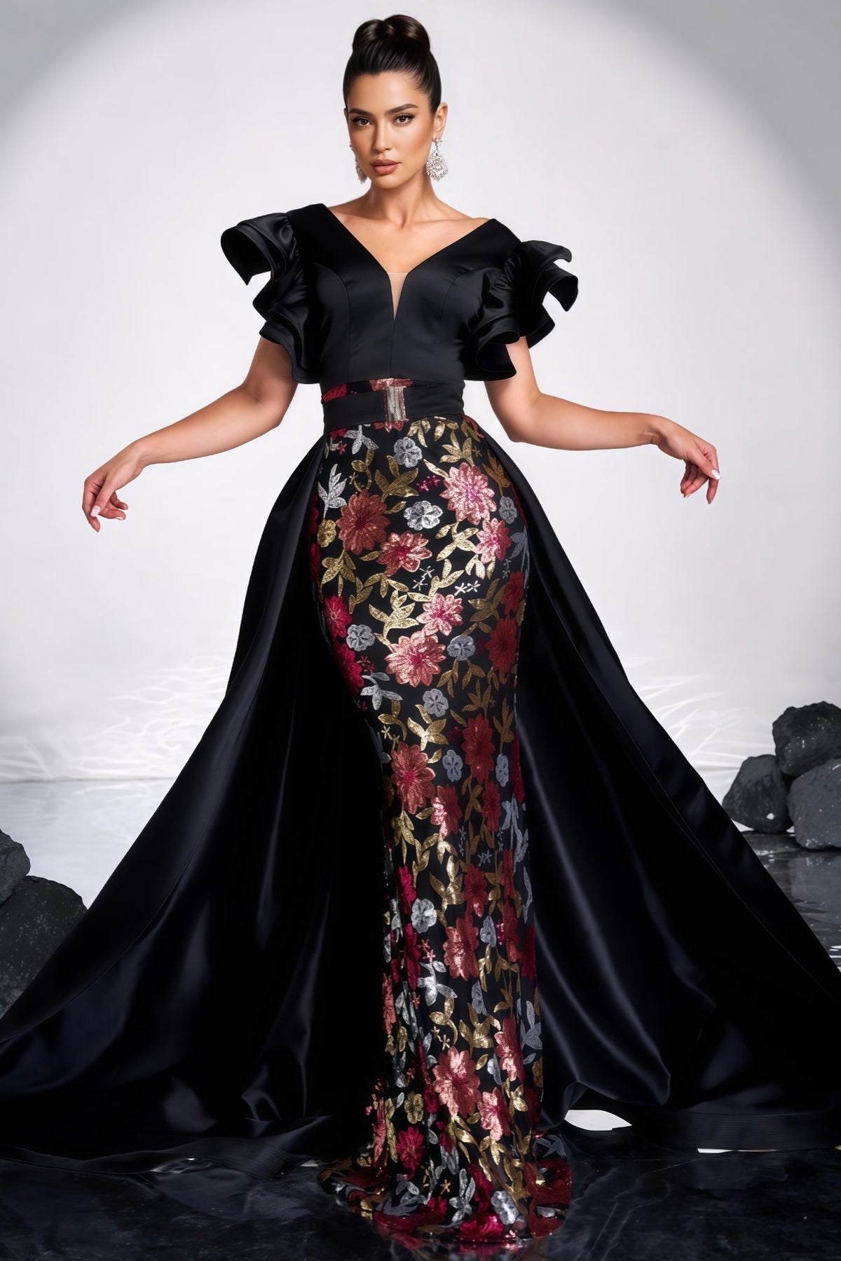Floral Brocade V-Neck Ruffle Sleeve Mermaid Maxi Gown - View 3
