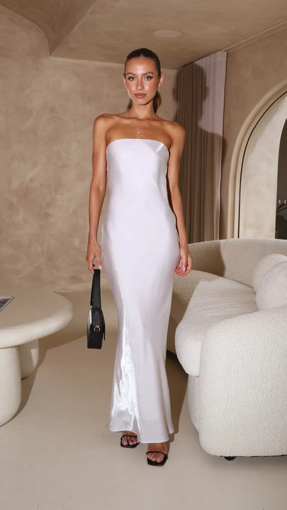 Strapless Bandeau Satin Column Bodycon Maxi Dress - View 7