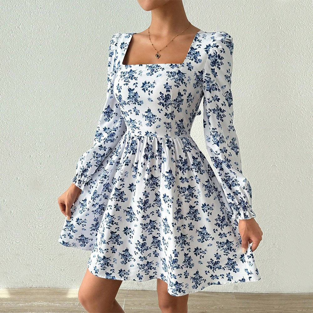 French Square Collar Elegant Dress High Waist Backless Lace up Floral - View 3