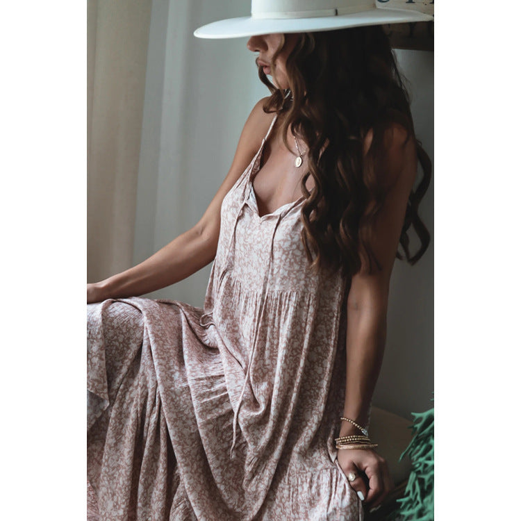 Strap Layered Lace up Maxi Dress Loose Floral