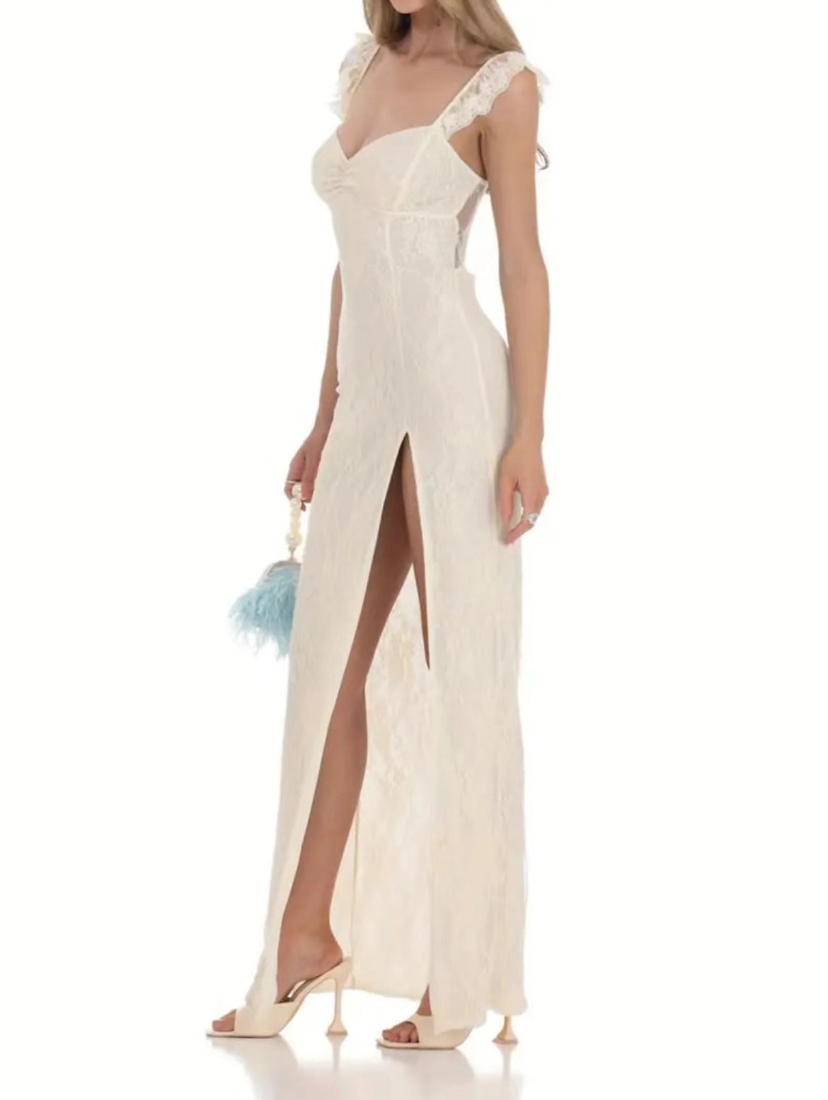 Lace Flutter Strap Sweetheart High Split Maxi Gown - View 3