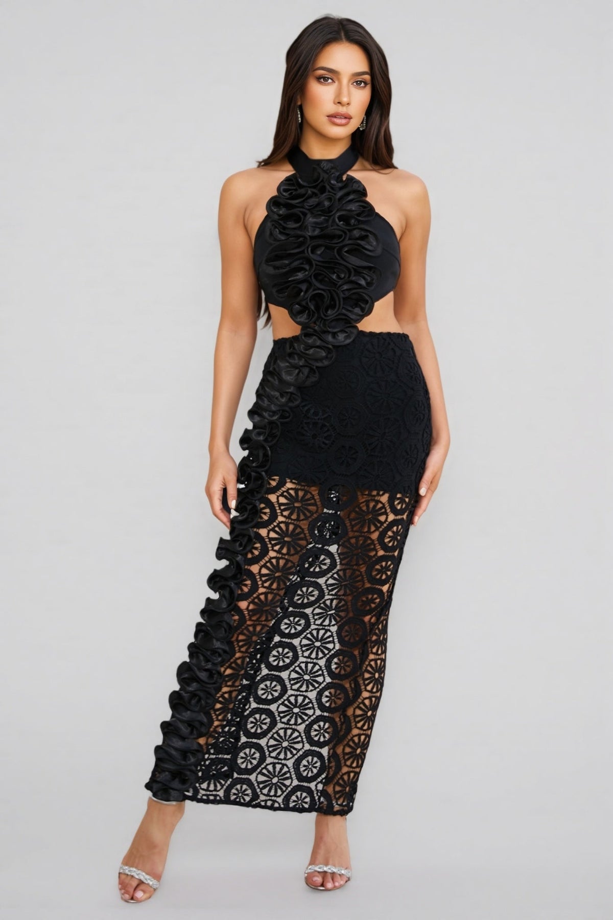 Yanld Black 3D Lace Ruffled Maxi Dress