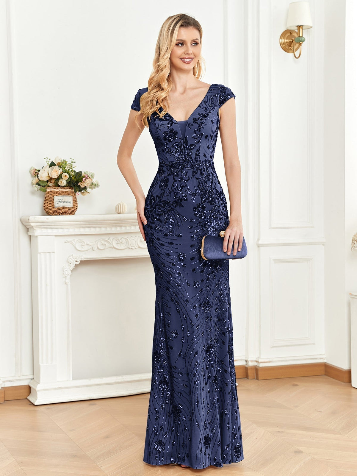 Sequin V-Neck Cap Sleeve Mermaid Evening Gown - View 8