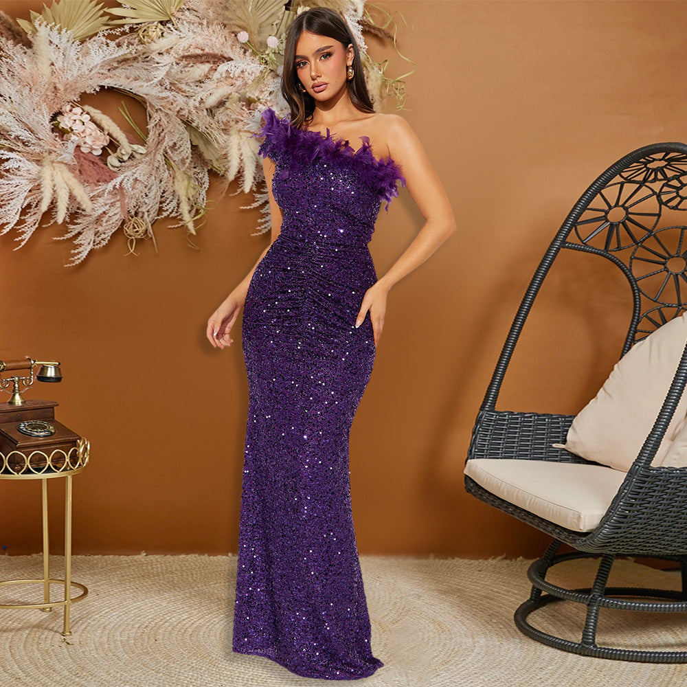 Sequin Feather Trim Strapless Ruched Mermaid Maxi Gown - View 5