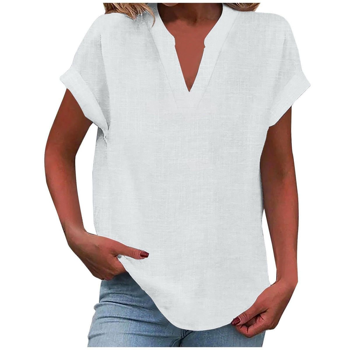 Split V-Neck Short Sleeve Linen Blouse 9
