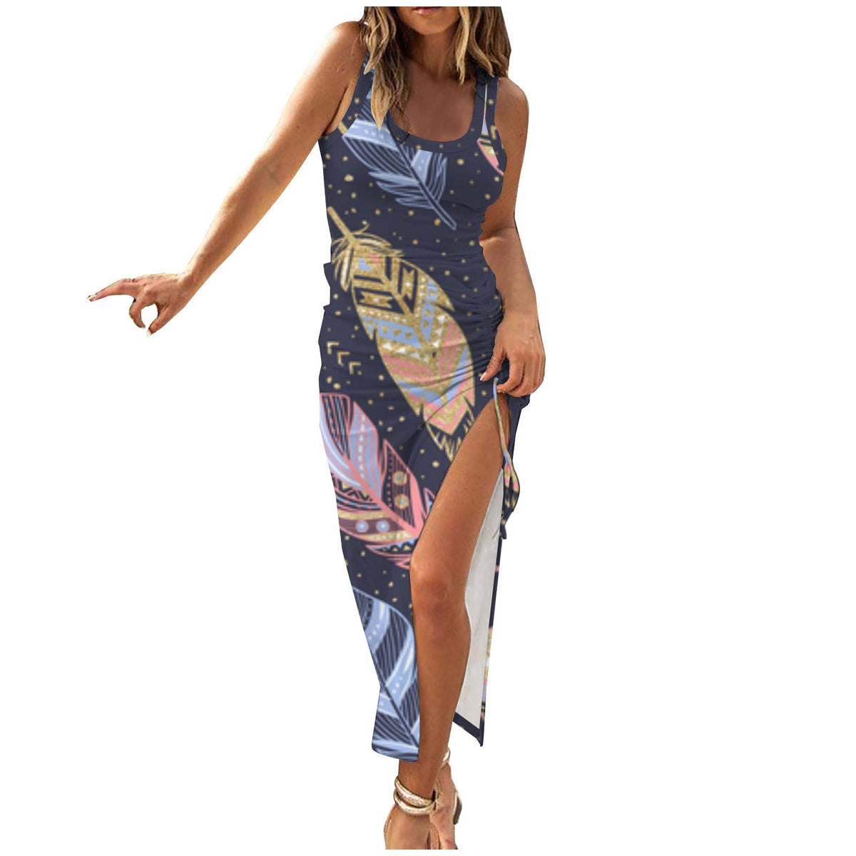 Square Neck Sleeveless High Split Bodycon Maxi Dress - View 5