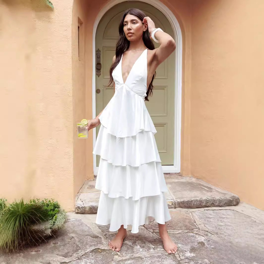 Tiered Dress Deep V Plunge Neck Backless Lace Up Dress - View 2
