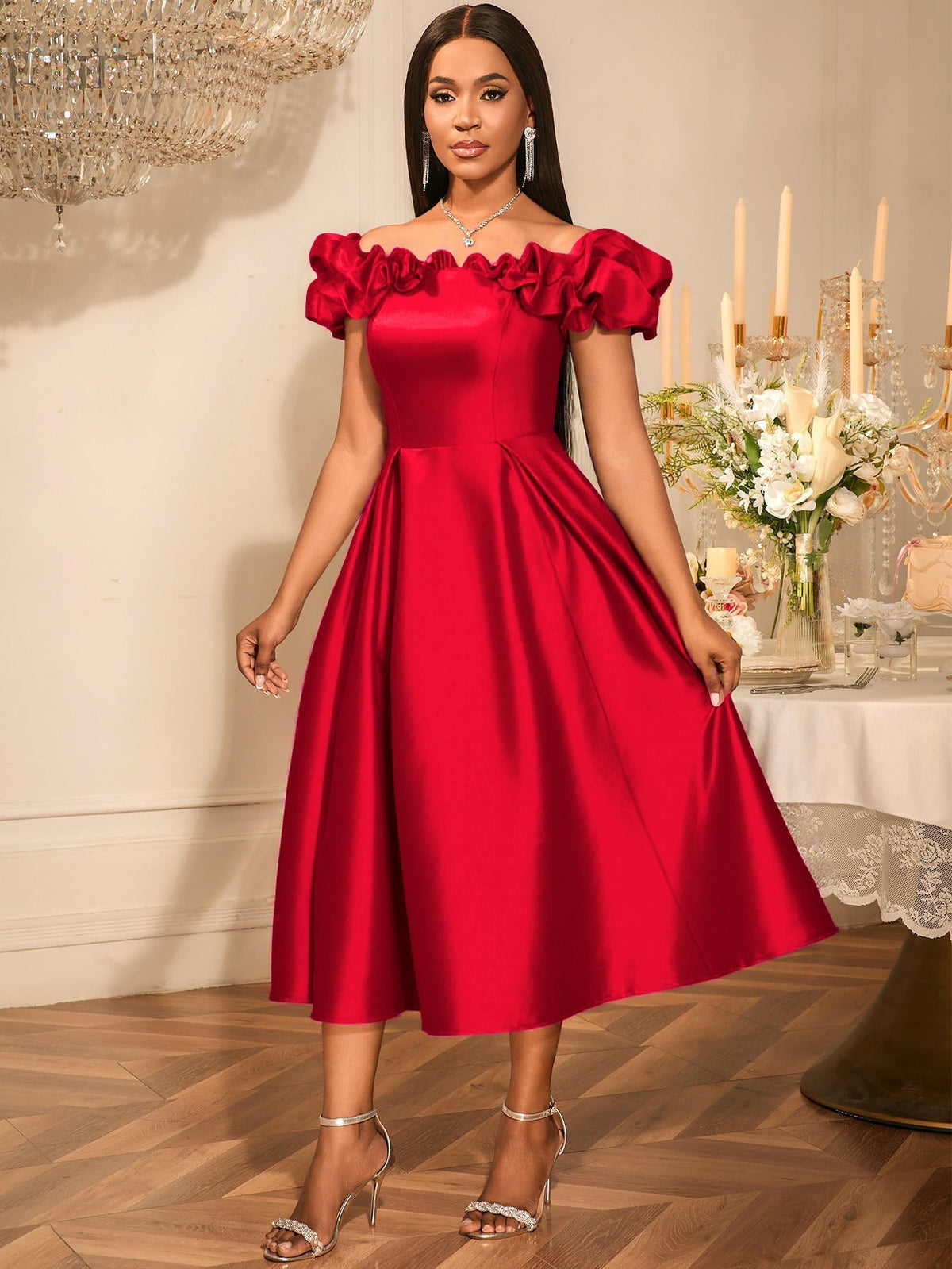 Satin Off Shoulder Puff Sleeve Pleated Fit and Flare Midi Dress - View 4