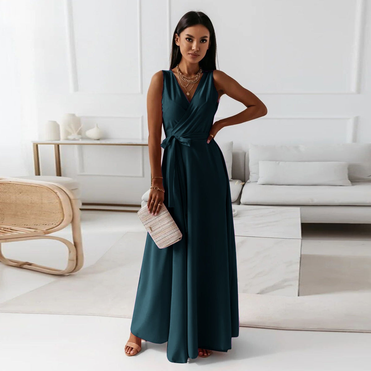 Sleeveless V-Neck Wrap Tie Waist Bow Sash Flowy Maxi Gown - View 2