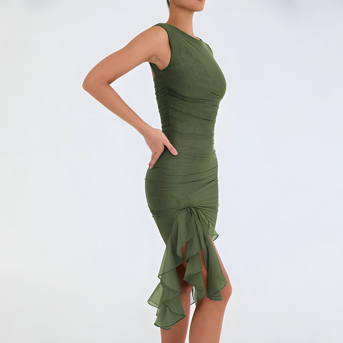 Sleeveless Crew Neck Bodycon Ruched Asymmetric Ruffle Hem Midi Dress - View 5