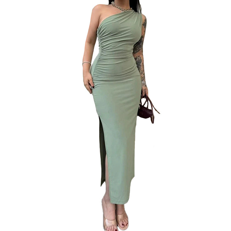 One Shoulder Sleeveless Ruched High Split Bodycon Maxi Dress - View 5