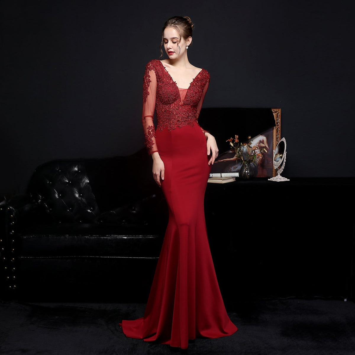 Lace V-Neck Long Sleeve Beaded Mermaid Maxi Gown - View 11