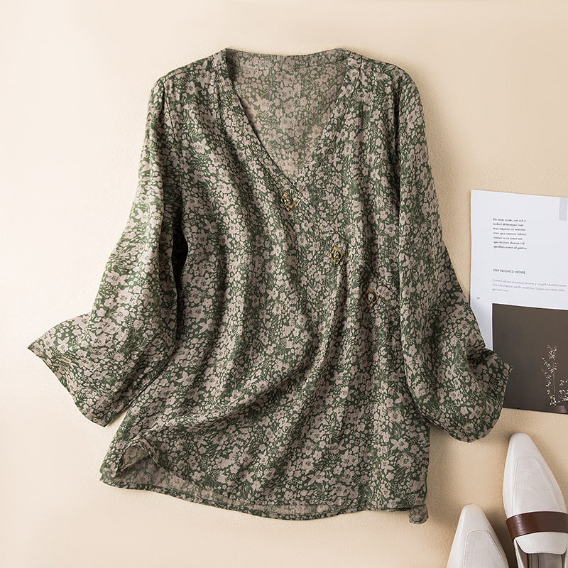 Paisley Print V-Neck Long Sleeve Frog Button Tunic Top 5