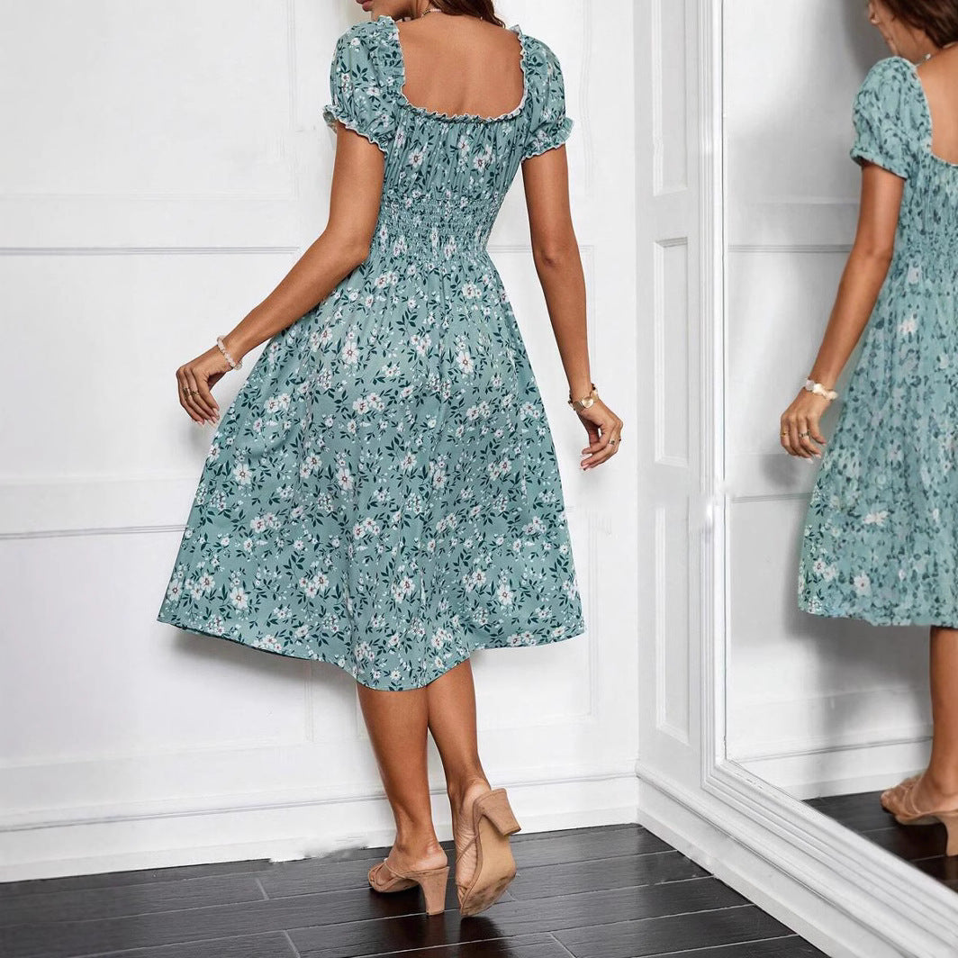 Floral V-Neck Short Sleeve Smocked Waist Fit and Flare Midi Dress - View 3