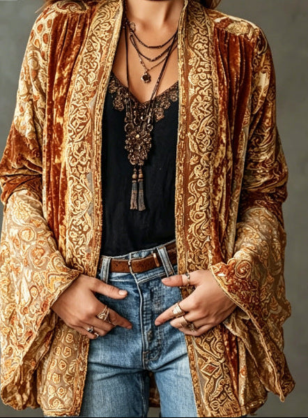 Paisley Velvet Boho Open Front Kimono Cardigan 12