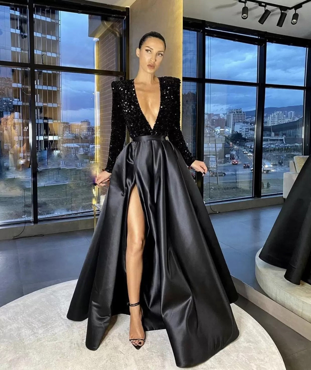 Sequin Deep V-Neck Long Sleeve Satin High Split A-Line Evening Gown - View 7