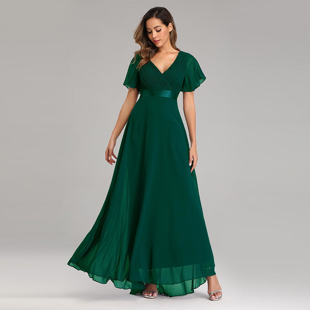 Chiffon V-Neck Flutter Sleeve Pleated A-Line Maxi Dress - View 8