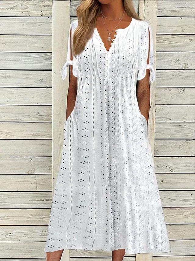 Eyelet Hollow Out V-Neck Button Front Tie Cuff A-Line Midi Dress - View 2