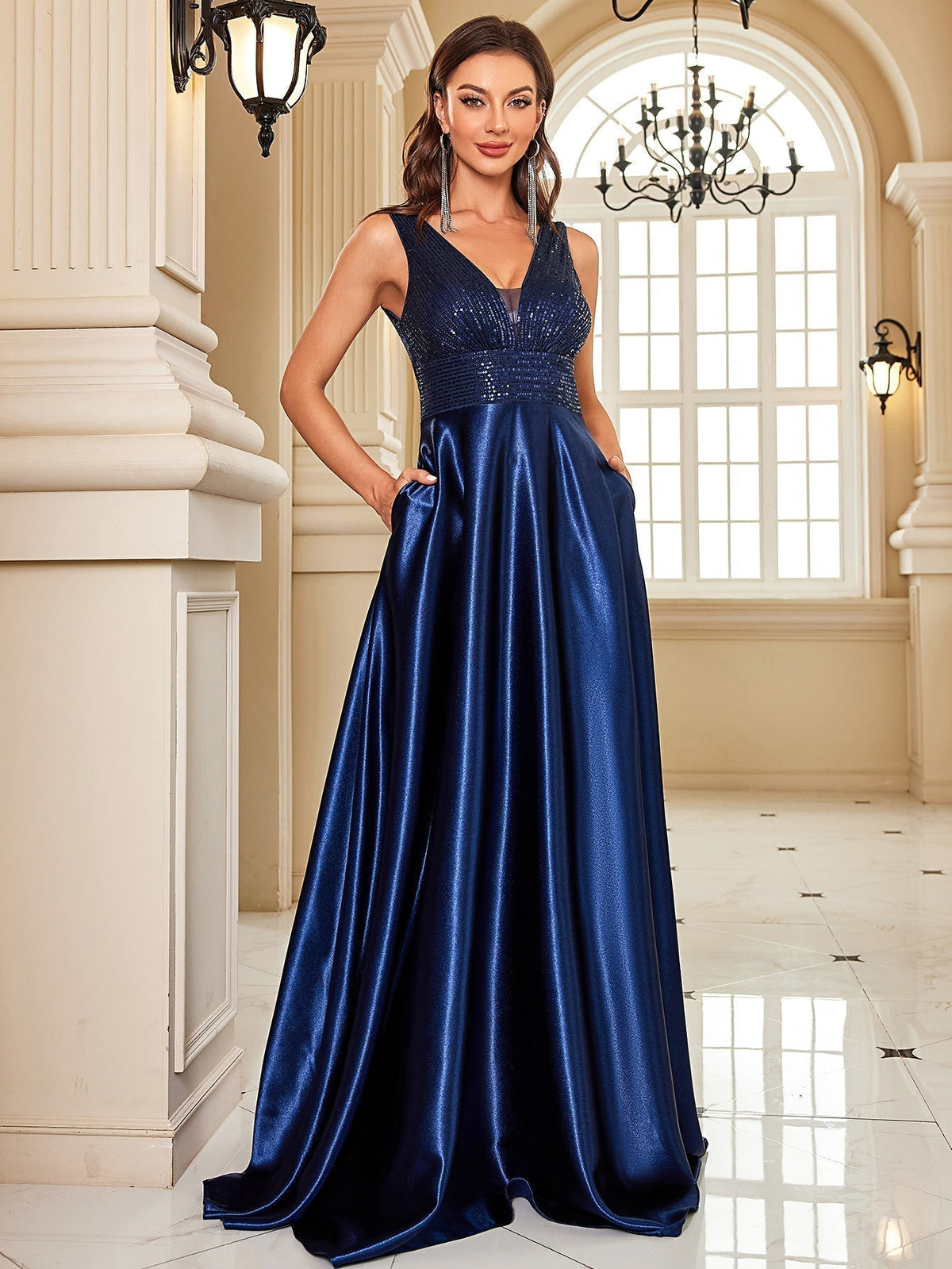 Sequin V-Neck Satin A-Line Maxi Dress - View 5