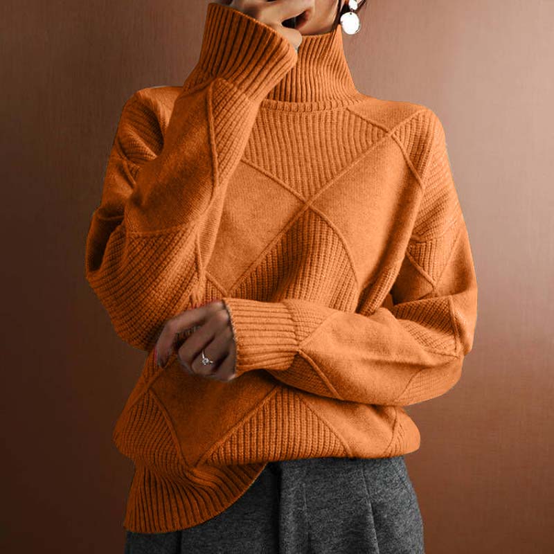 Turtleneck Long Sleeve Diamond Textured Knit Sweater 10