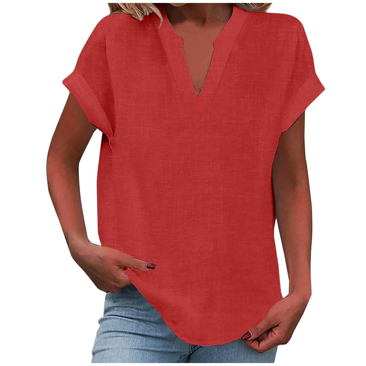 Split V-Neck Short Sleeve Linen Blouse 4