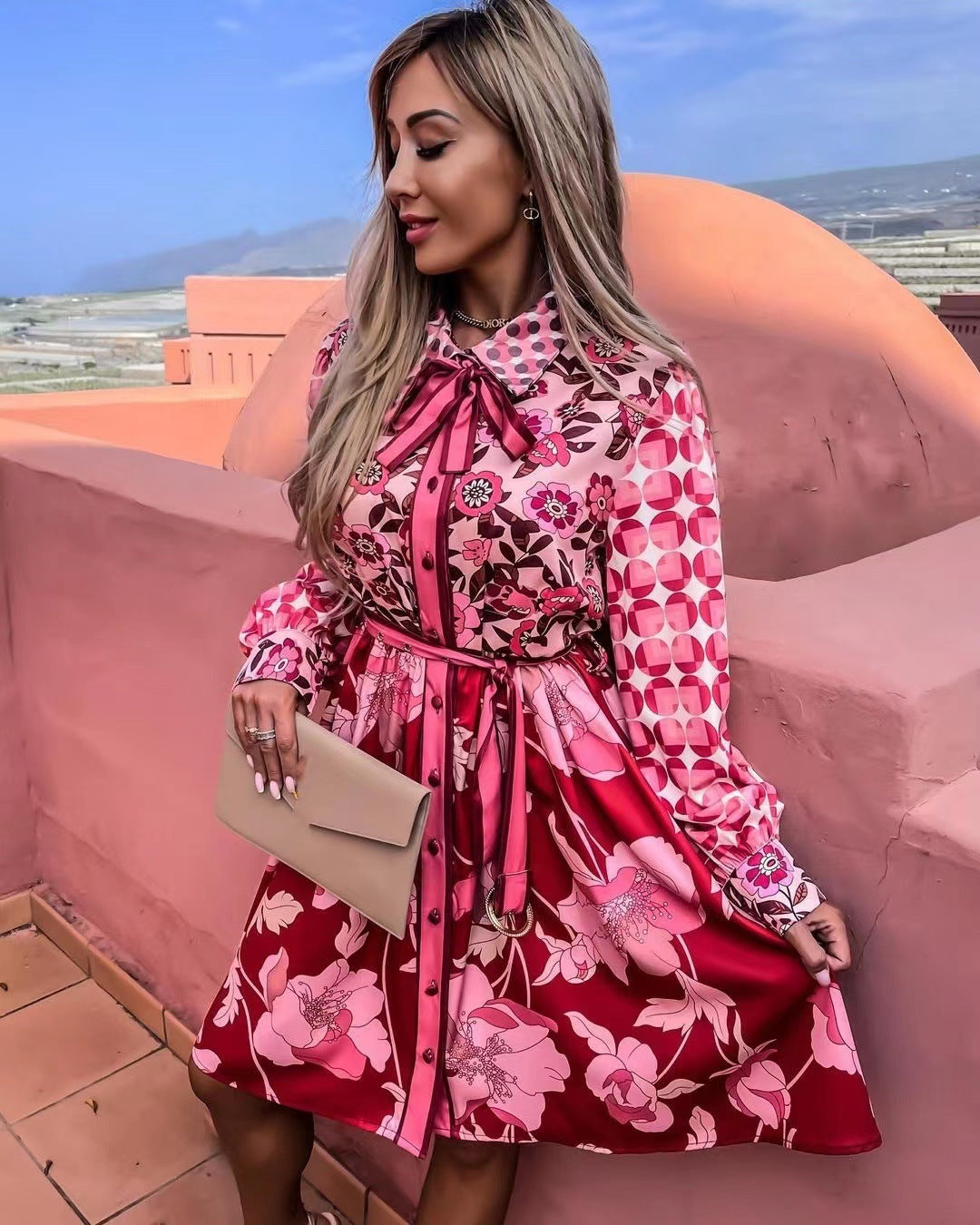 Mixed Print Satin Tie Neck Belted Button Down Long Sleeve Shirt Dress - View 3