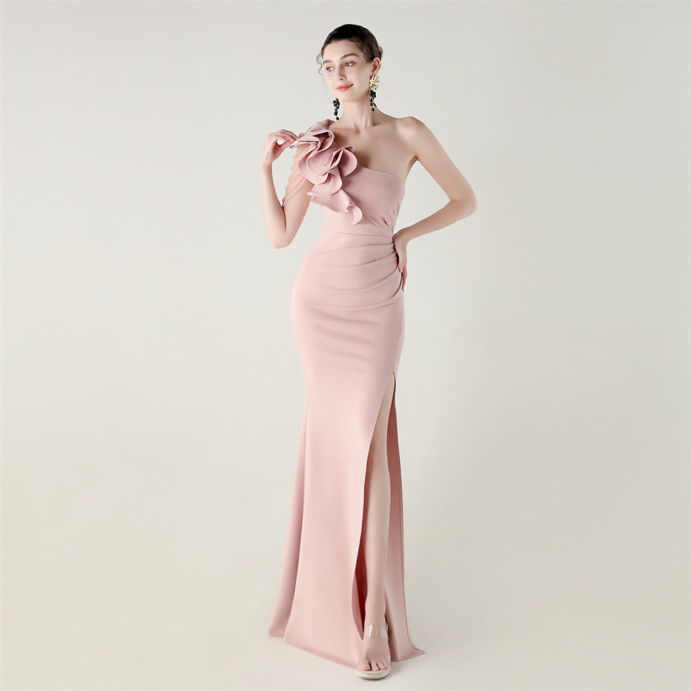 Satin One Shoulder Ruffle Ruched High Split Mermaid Gown in White - View 8