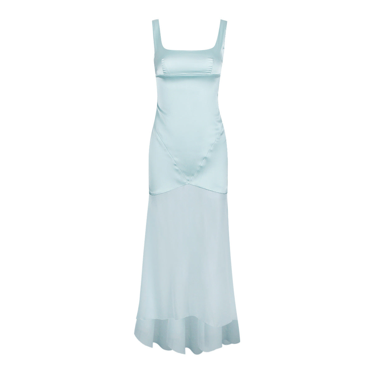 Satin Square Neck Wide Strap Chevron Seam Chiffon Trumpet Maxi Gown - View 5