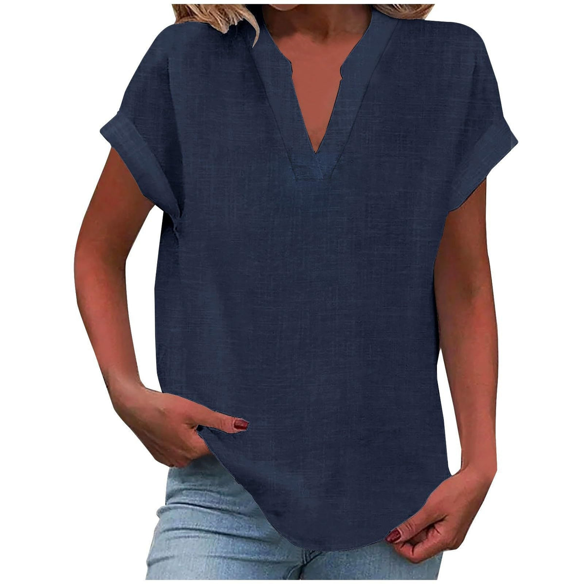 Split V-Neck Short Sleeve Linen Blouse 12