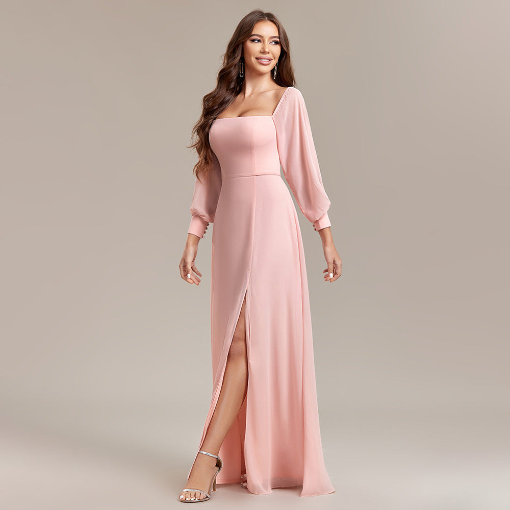 Chiffon Off Shoulder Puff Sleeve High Split A-Line Maxi Dress - View 5