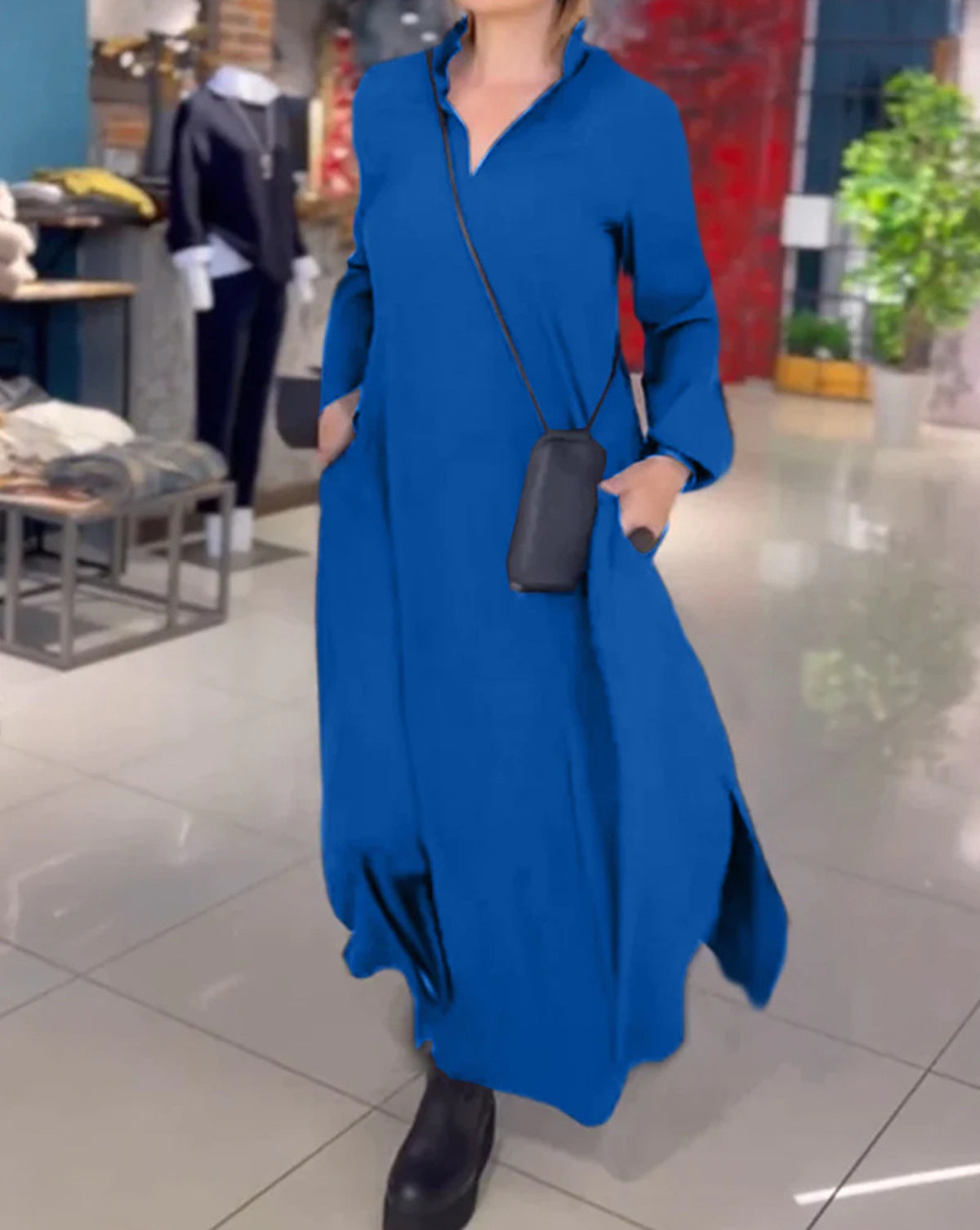 Long Sleeve Stand Collar V-Neck Pocket Side Slit Loose Maxi Dress - View 5