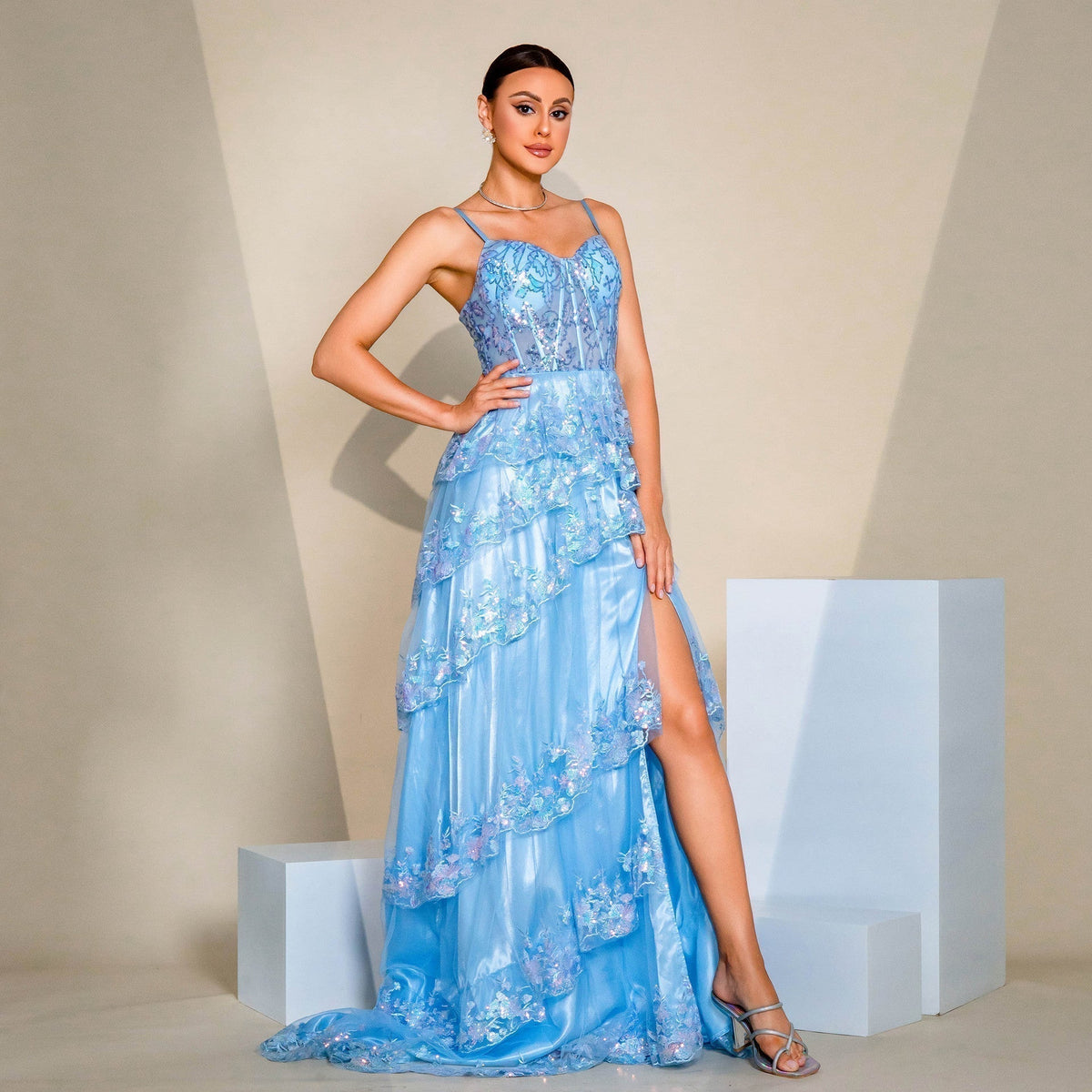 Sequin Square Neck High Split Draped Mermaid Maxi Dress - View 2