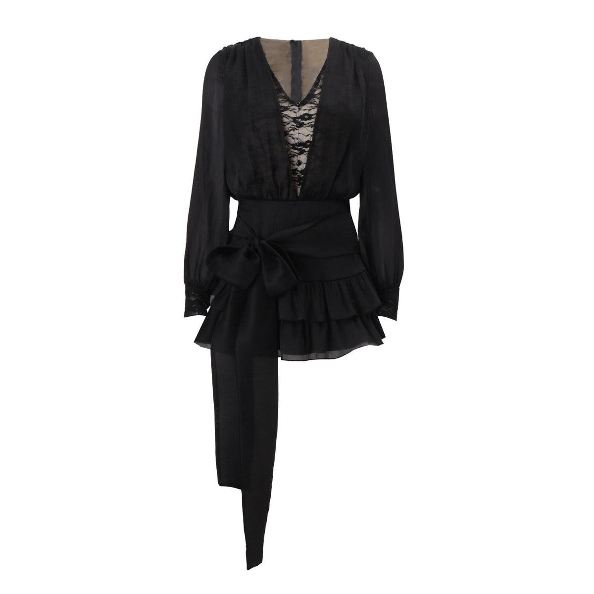Autumn French Pure Lace Splicing Sexy V neck Long Sleeve Dress - View 6