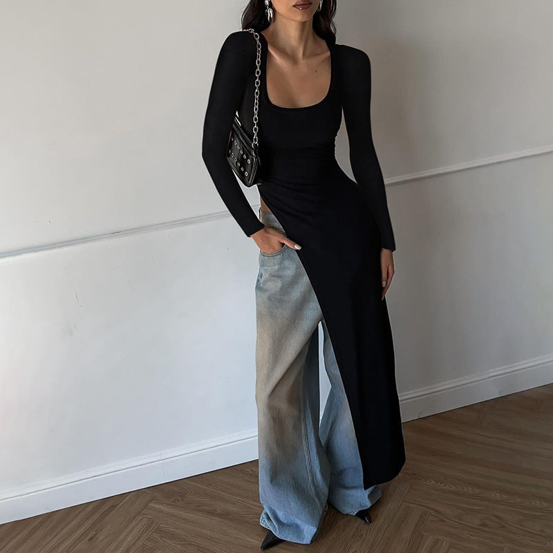 Knit Square Neck Long Sleeve Cut Out Asymmetric Maxi Dress - View 6