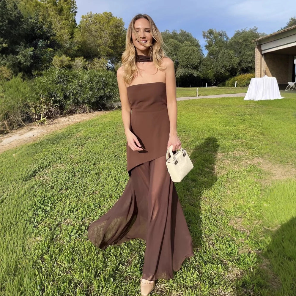 Strapless Tube Choker Neck Asymmetric Bodice Sheer Maxi Dress - View 2