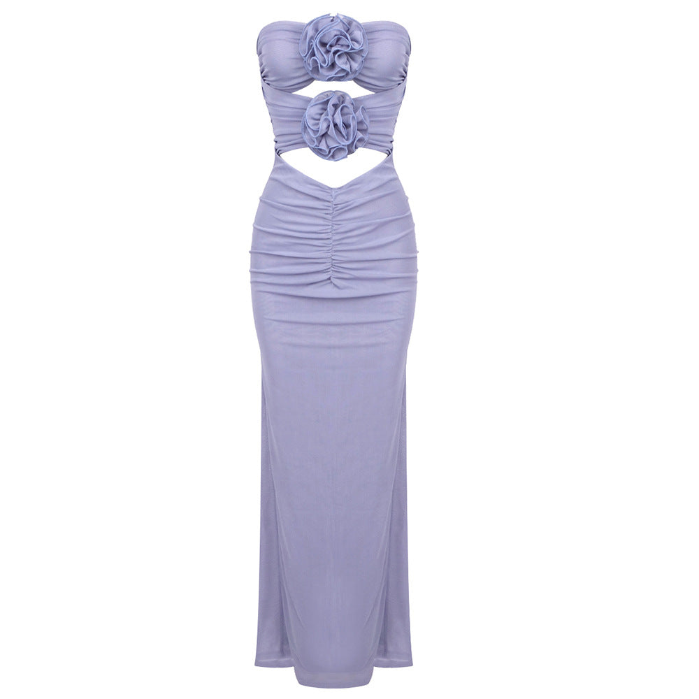 Strapless 3D Floral Cut Out Ruched Mermaid Maxi Gown - View 2